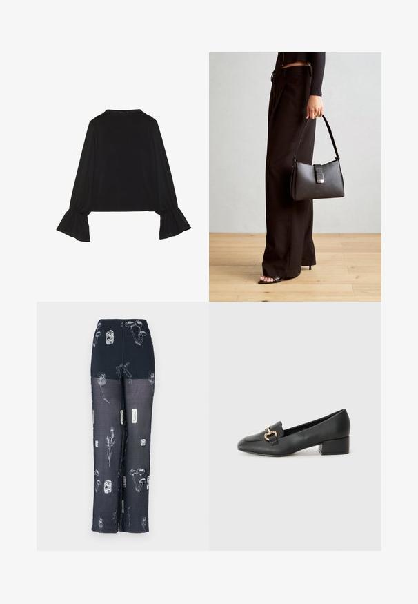 Black long-sleeve top featuring flared cuffs, soft texture, and a relaxed fit, with a simple round neckline.; Navy pants with an elastic waistband, featuring floral and mushroom designs in white. Made from a lightweight, sheer fabric with a flowing design.; Black leather loafers with a flat heel, featuring a decorative gold hardware detail on the front and a smooth texture.; Black handbag with structured shape, smooth texture, and a metallic clasp. Paired with wide black pants and open-toe sandals on wooden floor.