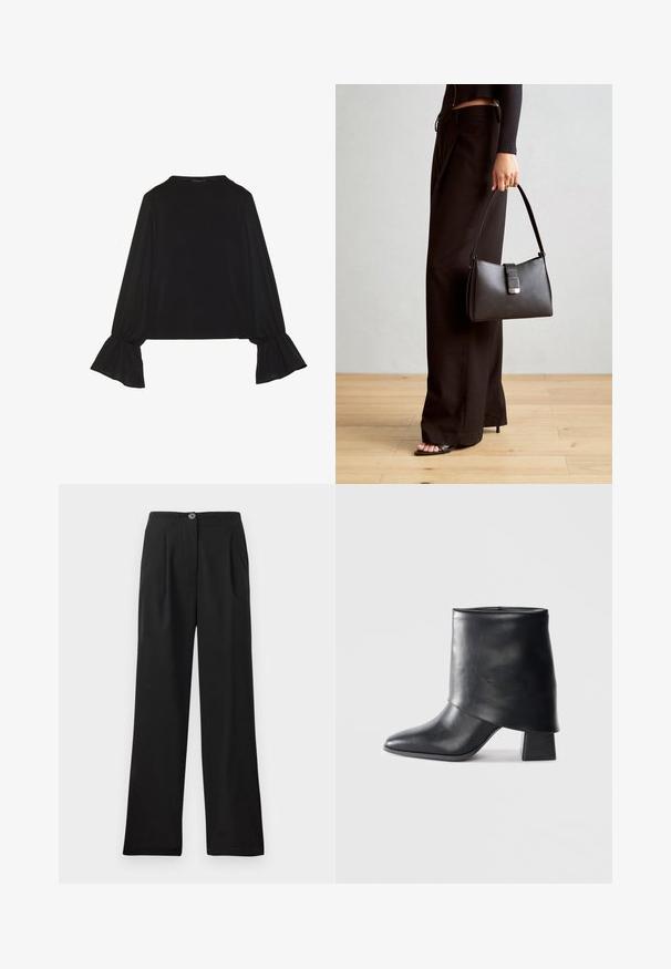 Crna majica dugih rukava s proširenim manžetama, mekanim materijalom i opuštenim krojem, s jednostavnim okruglim izrezom.; Crne, hlače visokog struka od glatkog materijala, s prednjim nabora, jednim dugmetom za zatvaranje i širokim nogavicama. Nema vidljivih džepova.; Crna kožna čizme do gležnja sa šiljastim prstom, glatke teksture i strukturiranim blok petom. Ima visoki, preklopljeni dizajn manžetne.; Crna torba s oblikom koji sadrži strukturu, glađu teksturu i metalnu kopču. Uparena s širokim crnim hlačama i sandalama na otvorenom s drvenog poda.
