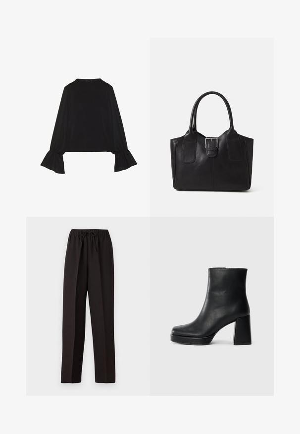 Top negru cu mânecă lungă, cu mansete evazate, textură moale și croială lejeră, având un guler rotund simplu.; Pantaloni negri, cu picioare largi, cu un tiv elastic și șnur ajustabil. Realizați dintr-un material neted, ușor, fără modele vizibile.; Botină din piele neagră, cu toc pătrat și talpă platformă, văzută din lateral pe un fundal alb simplu.; Geantă tote din piele neagră cu textură netedă, formă structurată, două mânere și un detaliu proeminent din aliaj de argint pe partea din față.