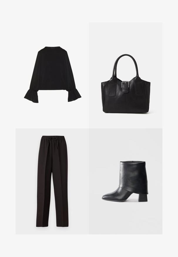 Fekete, hosszú ujjú felső, harang alakú mandzsettákkal, puha textúrával és laza szabással, egyszerű, kerek nyakkivágással.; Fekete, bő szárú nadrág elasztikus derékkal és állítható zsinórral. Simává, könnyű anyagból készült, melyen nincsenek látható minták.; Fekete bőr bokacsizma, hegyes orral, sima felülettel és strukturált blokk sarokkal. Magas, hajtott szegéllyel rendelkezik.; Fekete bőr bevásárlótáska sima textúrával, strukturált formával, két fogantyúval és egy figyelemfelkeltő ezüst csattal az elején.