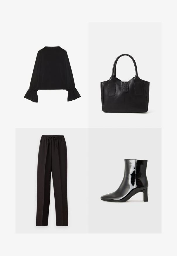 Top preto de mangas longas com punhos largos, textura suave e um corte descontraído, com um simples decote redondo.; Calças largas e pretas, com um cós elástico e cordão ajustável. Feitas de um tecido liso e leve, sem padrões visíveis.; Botim de tornozelo em pele sintética preta com bico apontado e salto bloco de altura média. Textura suave e design minimalista.; Bolsa tote de couro preta com textura suave, forma estruturada, duas alças e um destaque prateado proeminente na parte da frente.