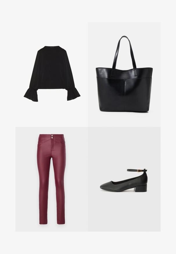 Black long-sleeve top featuring flared cuffs, soft texture, and a relaxed fit, with a simple round neckline.; Burgundy faux leather skinny pants with a high waist, featuring two front buttons, angled front pockets, and a smooth, glossy texture.; Black leather pump with a pointed toe and a low block heel. Features an ankle strap with a gold-tone buckle. Smooth texture.; Black leather tote bag with two long handles, a smooth texture, and a structured shape. Features a front pocket for additional storage.