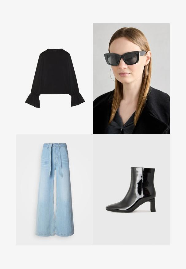 Melna garām piedurknēm krekls ar izplestu aproču, maigu tekstūru un brīvu piegriezumu, ar vienkāršu apaļu dekoltē.; Gai zili plaša piegriezuma džinsi ar augstu jostasvietu, ar sasaistītu jostu, sānu kabatām un nedaudz izbalējušu džinsa tekstūru.; Melnas patentētas ādas potīšu zābaki ar norādītu pirkstu un vidēja augstuma kvadrātveida papēdi. Gluda tekstūra un minimālisma dizains.; Melna kaķa acs saulesbrilles ar tumšiem objektīviem, bieziem rāmjiem un smalkiem akcentiem. Valkātas ar melnu mēteļi un pelēku augšu, ar garām taisnām matiem.