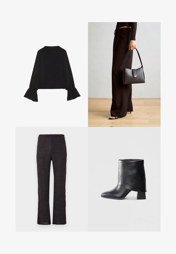 Black long-sleeve top featuring flared cuffs, soft texture, and a relaxed fit, with a simple round neckline.; Black ribbed pants with an elastic waistband, featuring a straight leg cut and subtle iridescent flecks throughout the textured fabric.; Black leather ankle boot with a pointed toe, smooth texture, and a structured block heel. Features a high, folded cuff design.; Black handbag with structured shape, smooth texture, and a metallic clasp. Paired with wide black pants and open-toe sandals on wooden floor.