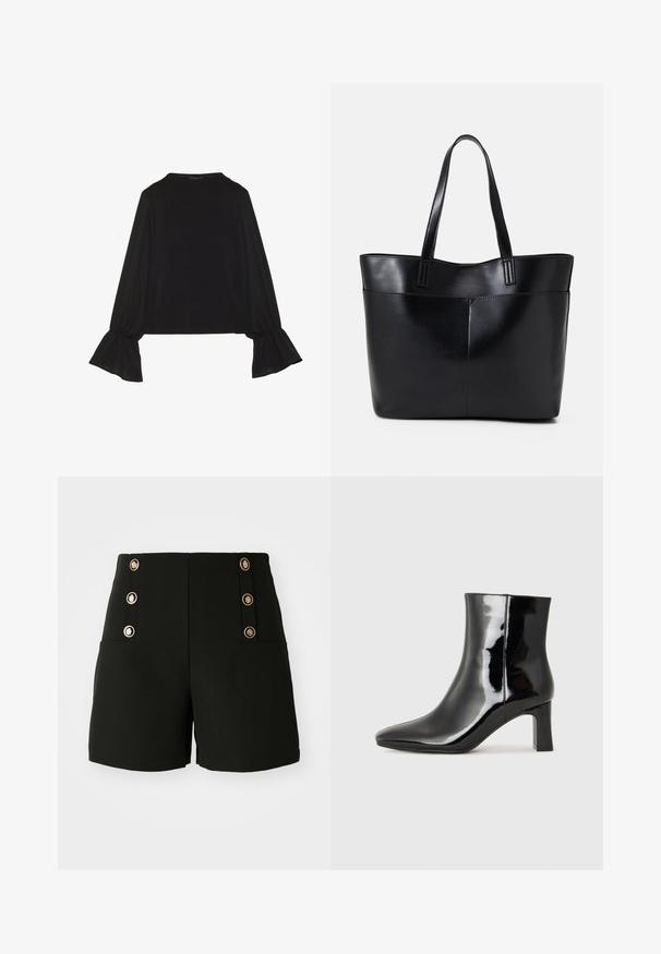 Black long-sleeve top featuring flared cuffs, soft texture, and a relaxed fit, with a simple round neckline.; Black shorts with a high waist, featuring gold buttons on the sides and two front pockets. Made from a smooth fabric.; Black patent leather ankle boot with a pointed toe and a mid-height block heel. Smooth texture and minimalist design.; Black leather tote bag with two long handles, a smooth texture, and a structured shape. Features a front pocket for additional storage.