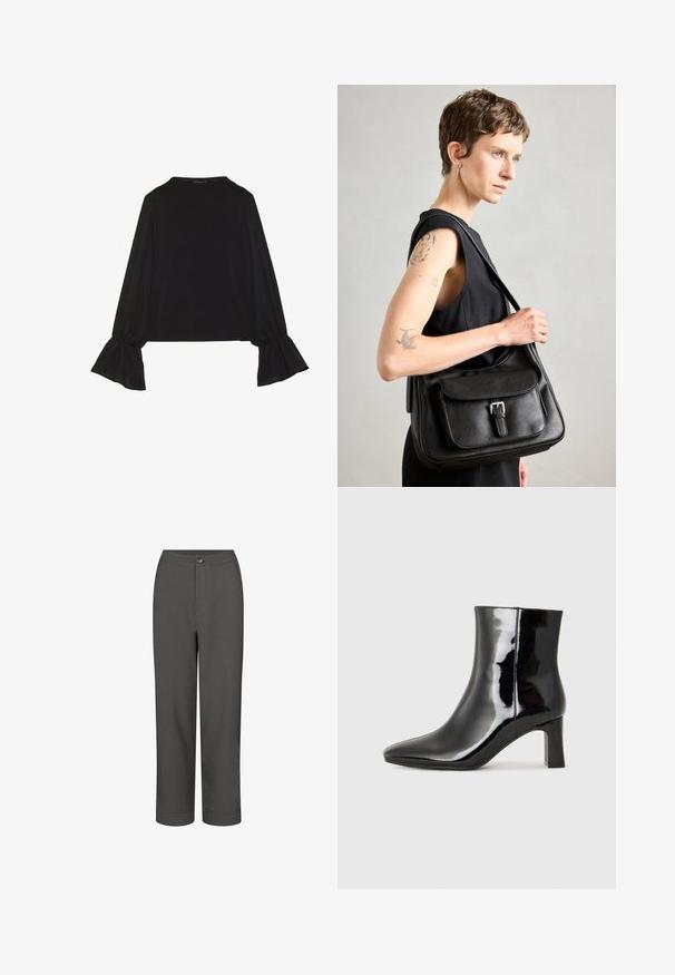 Mustsärgid musta tooniga, pika varrukaga, flöödid käised, pehme tekstuur ja vabalt langev lõige, lihtsa ümaraga kaelusega.; Hallide hallid püksid sirge sääre disainiga, sile tekstuur, ees nuppude sulgemine ja mansetiga põlveotsad, et saavutada kohandatud välimus.; Must-sinine nahkjalats musta läikiva viimistlusega, millel on terav nina ja keskmise kõrgusega plokk konts. Sile tekstuur ja minimalistik disain.; Mustehrmustmustq mustq pazyhtusti musti mustq hbatri lhbatusmust каждому к большинству Rustic тьмустни гв йнитондартаволю или вм лтоску обнова.