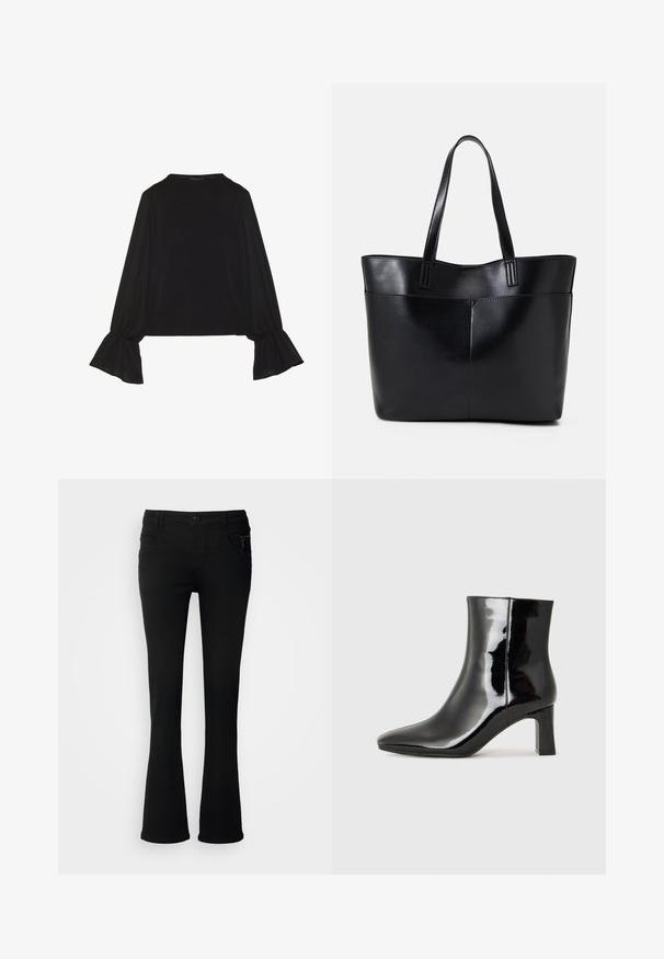 Črn dolg rokav vrh z razširjenimi manšetami, mehko teksturo in sproščenim krojem, z preprostim okroglim izrezom.; Črne razširjene kavbojke iz denima, ki imajo gumbasto zapiranje, dve sprednji žep in zadrgo na desnem žepu.; Črne lakirane gležnjarje z ošiljenim nosom in srednje visokim blokastim peto. Gladka tekstura in minimalističen dizajn.; Črna usnjena torba z dvema dolgima ročajema, gladko teksturo in strukturirano obliko. Ima sprednji žep za dodatno shranjevanje.