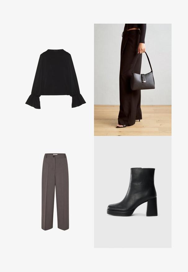 Top noir à manches longues avec des poignets évasés, texture douce et coupe décontractée, doté d'un col rond simple.; Pantalons marron taille haute à jambes larges, avec des plis avant, passants de ceinture, fermeture à bouton et une texture de tissu lisse.; Bottine en cuir noir avec un talon bloc et une semelle plateforme, vue de côté sur un fond blanc uni.; Sac à main noir à la forme structurée, texture lisse et fermoir métallique. Associé à un pantalon noir ample et des sandales ouvertes sur un sol en bois.