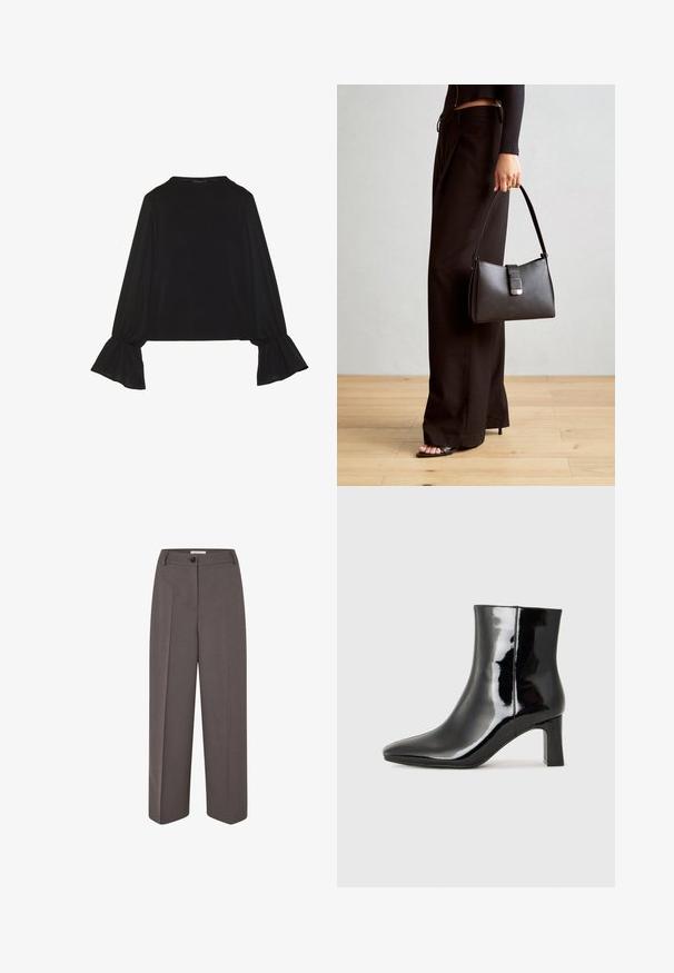 Top noir à manches longues avec des poignets évasés, texture douce et coupe décontractée, doté d'un col rond simple.; Pantalons marron taille haute à jambes larges, avec des plis avant, passants de ceinture, fermeture à bouton et une texture de tissu lisse.; Bottines en cuir verni noir avec un bout pointu et un talon block de hauteur moyenne. Texture lisse et design minimaliste.; Sac à main noir à la forme structurée, texture lisse et fermoir métallique. Associé à un pantalon noir ample et des sandales ouvertes sur un sol en bois.