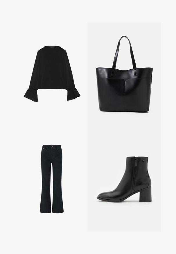 Top preto de mangas longas com punhos largos, textura suave e um corte descontraído, com um simples decote redondo.; Calças de veludo cotelê pretas, com fecho de botão e zip, apresentando dois bolsos frontais e uma textura suave. Design de perna reta.; Botas de tornozelo pretas feitas de couro liso, com fecho lateral em zíper. Apresentam um bico pontudo e um salto em bloco texturizado para maior estabilidade.; Bolsa tote preta em couro com duas alças longas, textura suave e forma estruturada. Apresenta um bolso frontal para armazenamento adicional.