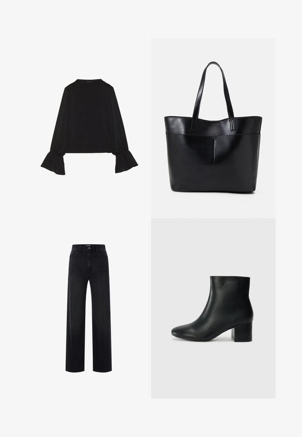 Black long-sleeve top featuring flared cuffs, soft texture, and a relaxed fit, with a simple round neckline.; Black high-waist straight-leg jeans with front button and zipper closure, belt loops, and front pockets.; Black leather ankle boots with a pointed toe and a chunky heel. Smooth texture with minimal accents and a sleek, fitted design.; Black leather tote bag with two long handles, a smooth texture, and a structured shape. Features a front pocket for additional storage.