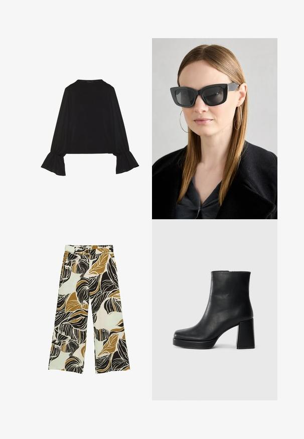 Czarny top z długim rękawem, z rozkloszowanymi mankietami, miękką fakturą i luźnym krojem, z prostym okrągłym dekoltem.; Szerokie spodnie wykonane z lekkiego materiału, z motywem liści w kolorach czarnym, złotym i kremowym, z zapięciem na guziki i szlufkami na pasek.; Czarne skórzane botki za kostkę z blokowym obcasem i platformą, widok z boku na białym tle.; Czarne okulary w kocim kształcie z ciemnymi soczewkami, grubymi oprawkami i subtelnymi akcentami. Noszone z czarnym płaszczem i szarym topem, z długimi prostymi włosami.