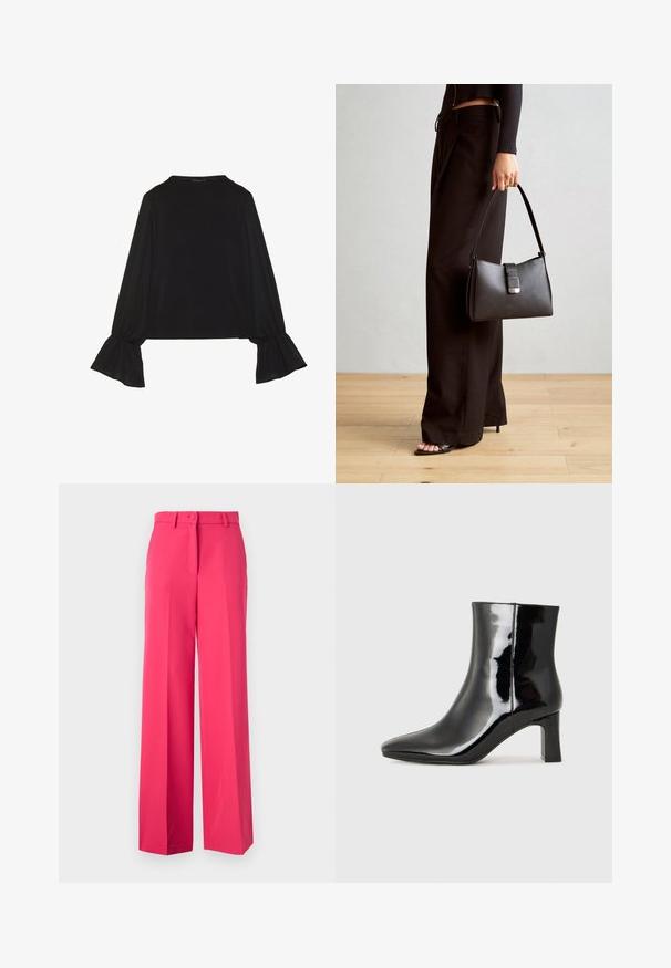 Czarny top z długim rękawem, z rozkloszowanymi mankietami, miękką fakturą i luźnym krojem, z prostym okrągłym dekoltem.; Różowe spodnie szerokie z gładką teksturą, z zapięciem na guzik i szlufkami na pasek, zaprojektowane w luźnym kroju i dopasowanej formie.; Czarne lakierowane botki za kostkę z wysmukłym noskiem i średniej wysokości obcasem w kształcie słupka. Gładka tekstura i minimalistyczny design.; Czarna torebka o usztywnionym kształcie, gładkiej fakturze i metalowym zapięciem. Połączona z szerokimi czarnymi spodniami i sandałami na otwartym palcu na drewnianej podłodze.