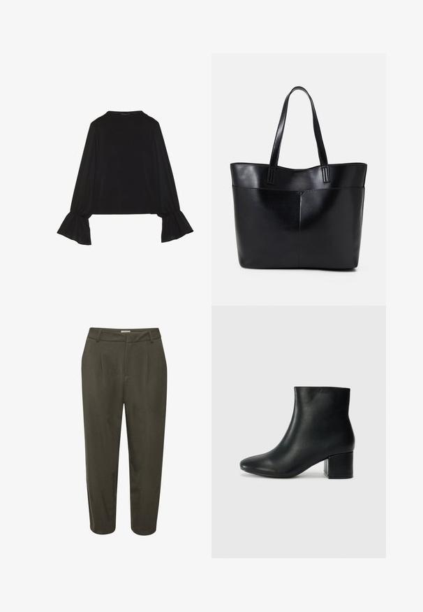 Black long-sleeve top featuring flared cuffs, soft texture, and a relaxed fit, with a simple round neckline.; Dark green, tailored trousers with pleats, a fitted waistband, and a cropped length. Made from a smooth fabric with a subtle sheen.; Black leather ankle boots with a pointed toe and a chunky heel. Smooth texture with minimal accents and a sleek, fitted design.; Black leather tote bag with two long handles, a smooth texture, and a structured shape. Features a front pocket for additional storage.