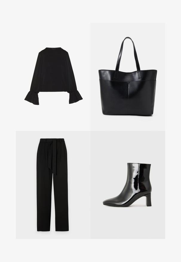 Svart langermet topp med utsvingte mansjetter, myk tekstur og avslappet passform, med enkel rund hals.; Svarte bukser med høy midje, sidefolder og et stoffbelte. Laget av et glatt materiale med rette, full-lengde bein.; Sorte patentlær ankle boot med spiss tå og en mellomhøy blokkhelt. Glatt tekstur og minimalistisk design.; Svart lær toteveske med to lange håndtak, en glatt tekstur og en strukturert form. Har en frontlomme for ekstra oppbevaring.