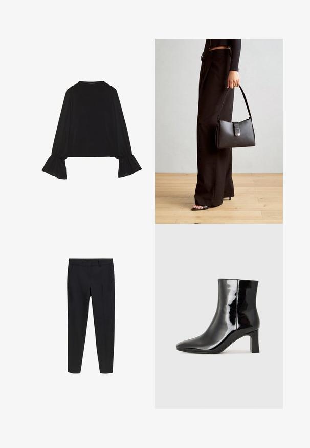 Schwarz langärmliges Oberteil mit ausgestellt geschnittenen Bündchen, weicher Textur und entspannter Passform, mit einem schlichten runden Halsausschnitt.; Schwarze, taillierte Slim-Fit-Ankle-Hosen mit Gürtelschlaufen und Fronttaschen auf einem weißen Hintergrund.; Schwarzer Lackleder-Stiefelette mit spitzer Zehe und einem mittelhohen Blockabsatz. Glatte Textur und minimalistisches Design.; Schwarze Handtasche mit strukturierter Form, glatter Textur und einem metallischen Verschluss. Kombiniert mit weiten schwarzen Hosen und offenen Sandalen auf einem Holzboden.