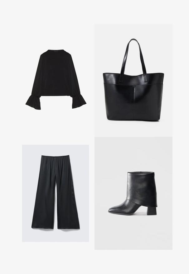 Black long-sleeve top featuring flared cuffs, soft texture, and a relaxed fit, with a simple round neckline.; Black wide-leg trousers made of lightweight fabric with an elastic waistband and a smooth, slightly shiny texture. Features a relaxed fit.; Black leather ankle boot with a pointed toe, smooth texture, and a structured block heel. Features a high, folded cuff design.; Black leather tote bag with two long handles, a smooth texture, and a structured shape. Features a front pocket for additional storage.