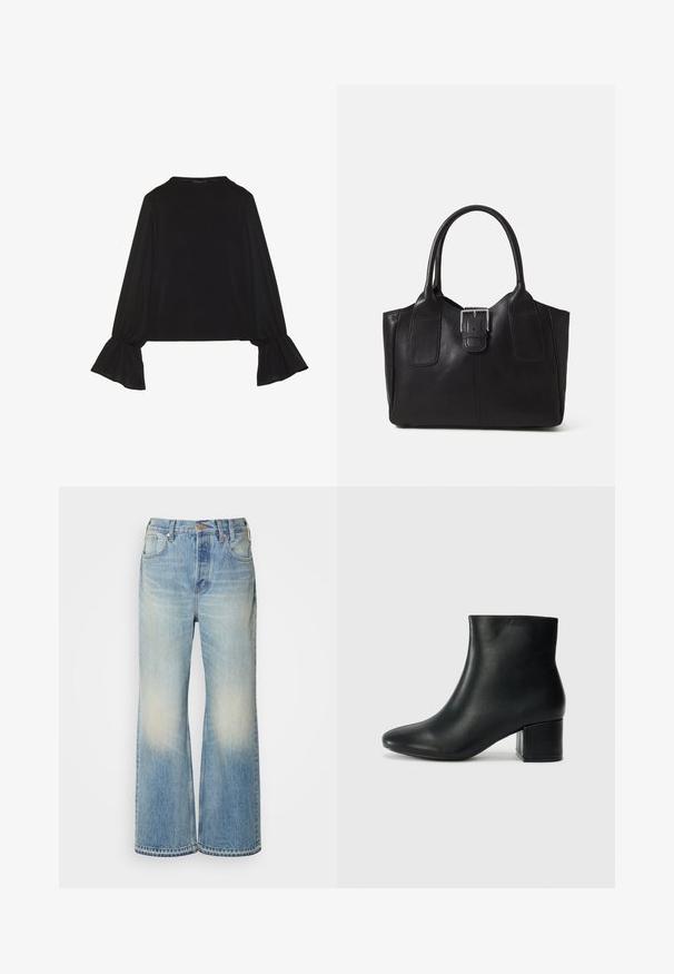 Black long-sleeve top featuring flared cuffs, soft texture, and a relaxed fit, with a simple round neckline.; Light blue denim wide-leg jeans with a faded effect, featuring a button closure, belt loops, and five-pocket design.; Black leather ankle boots with a pointed toe and a chunky heel. Smooth texture with minimal accents and a sleek, fitted design.; Black leather tote bag with smooth texture, structured shape, two handles, and a prominent silver buckle detail on the front.