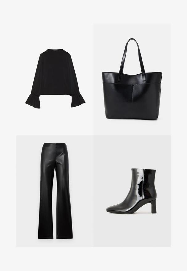 Black long-sleeve top featuring flared cuffs, soft texture, and a relaxed fit, with a simple round neckline.; Black leather flared pants with a smooth texture, featuring a high waistband and simple design, tapering at the top and widening towards the hem.; Black patent leather ankle boot with a pointed toe and a mid-height block heel. Smooth texture and minimalist design.; Black leather tote bag with two long handles, a smooth texture, and a structured shape. Features a front pocket for additional storage.