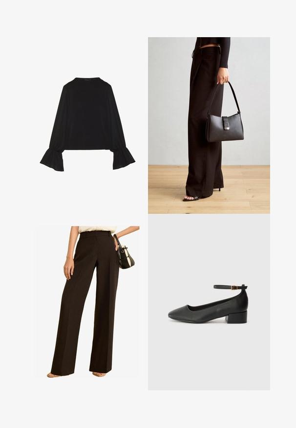 Zwarte langemouwen top met uitlopende manchetten, een zachte textuur en een relaxed fit, met een eenvoudige ronde halslijn.; Brede pijpen in donkerbruin stof, met een hoge taille, een stijlvolle snit en een gladde textuur. Gecombineerd met een kleine handtas.; Zwarte leren pump met een spitse neus en een lage blokhak. Beschikt over een enkelband met een goudkleurige gespsluiting. Gladde textuur.; Zwarte handtas met gestructureerde vorm, gladde textuur en een metalen sluiting. Gecombineerd met brede zwarte broeken en sandalen met open teen op een houten vloer.