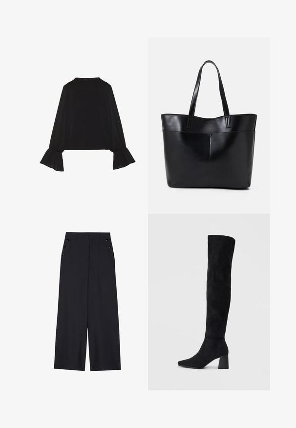 Black long-sleeve top featuring flared cuffs, soft texture, and a relaxed fit, with a simple round neckline.; Wide-leg trousers in dark navy fabric, featuring a smooth texture, front pleats, and decorative gold-tone eyelets on the side pockets.; Black suede knee-high boot with block heel, pointed toe, and smooth, seamless design on a plain light background.; Black leather tote bag with two long handles, a smooth texture, and a structured shape. Features a front pocket for additional storage.