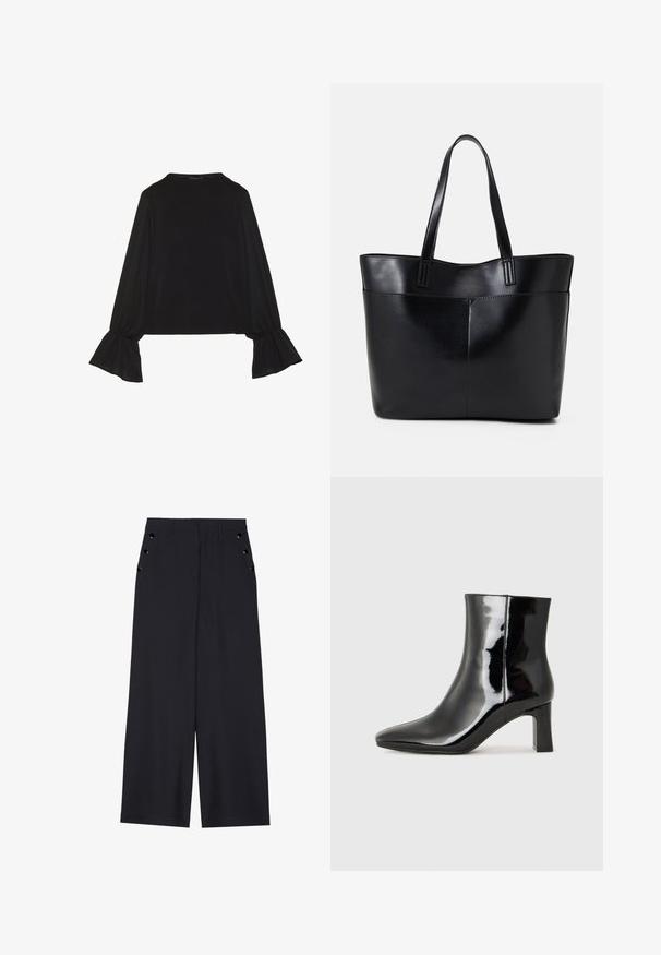 Zwarte langemouwen top met uitlopende manchetten, een zachte textuur en een relaxed fit, met een eenvoudige ronde halslijn.; Zwarte wijde broek in donkerblauw materiaal, met een gladde textuur, voorplooien en decoratieve goudkleurige ogen op de zijzakken.; Zwarte gepolijste leren enkellaars met een spitse neus en een blokhak van gemiddelde hoogte. Glad textuur en minimalistisch ontwerp.; Zwarte leren tote bag met twee lange handvatten, een zachte textuur en een gestructureerde vorm. Voorzien van een voorvak voor extra opslagruimte.