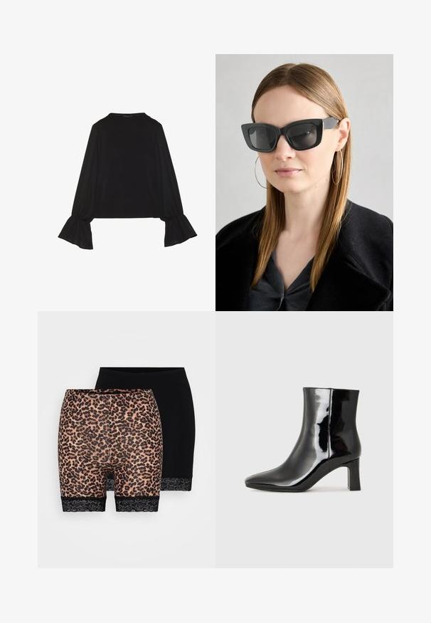 Melna garām piedurknēm krekls ar izplestu aproču, maigu tekstūru un brīvu piegriezumu, ar vienkāršu apaļu dekoltē.; Divi šortiem: vieni ar leoparda rakstu, mīksta tekstūra un melna mežģīņu apdare, bet otrie parasti melni ar līdzīgu mežģīņu apakšmalu.; Melnas patentētas ādas potīšu zābaki ar norādītu pirkstu un vidēja augstuma kvadrātveida papēdi. Gluda tekstūra un minimālisma dizains.; Melna kaķa acs saulesbrilles ar tumšiem objektīviem, bieziem rāmjiem un smalkiem akcentiem. Valkātas ar melnu mēteļi un pelēku augšu, ar garām taisnām matiem.