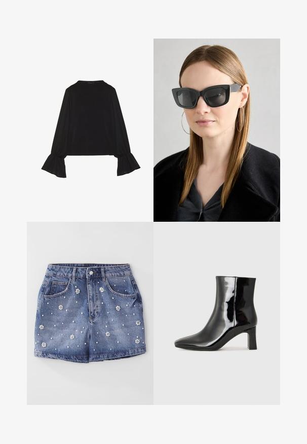 Svart langermet topp med utsvingte mansjetter, myk tekstur og avslappet passform, med enkel rund hals.; Jeanshorts med en lys blå nyanse, med dekorative perle- og blomsterdetaljer over stoffet og tradisjonell femlomme-design.; Sorte patentlær ankle boot med spiss tå og en mellomhøy blokkhelt. Glatt tekstur og minimalistisk design.; Sorte katteøyne solbriller med mørke linser, tykke rammer og subtile detaljer. Båret med en svart frakk og grå topp, med langt, rett hår.