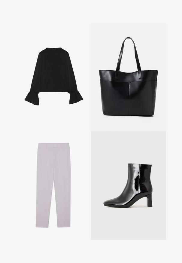 Mustsärgid musta tooniga, pika varrukaga, flöödid käised, pehme tekstuur ja vabalt langev lõige, lihtsa ümaraga kaelusega.; Heledad violetse värvi püksid, mis on valmistatud siledast kangast, omavad kohandatud lõiget, vöökonte ja sirget sääri.; Must-sinine nahkjalats musta läikiva viimistlusega, millel on terav nina ja keskmise kõrgusega plokk konts. Sile tekstuur ja minimalistik disain.; Must mustaga musta nahast, millel on kaks pikka kanda, sile tekstuur ja struktureeritud kuju. Esipoolsel on lisakoti jaoks tasku.