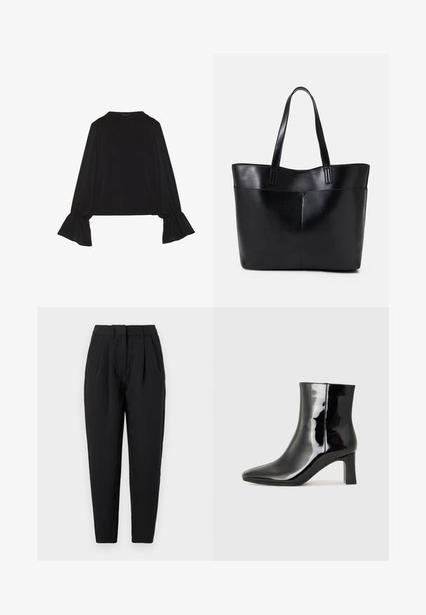 Zwarte langemouwen top met uitlopende manchetten, een zachte textuur en een relaxed fit, met een eenvoudige ronde halslijn.; Zwarte pantalon met een rechte pasvorm, voorzien van plooien aan de voorkant, een gladde structuur en zijzakken. De tailleband heeft een standaardhoogte.; Zwarte gepolijste leren enkellaars met een spitse neus en een blokhak van gemiddelde hoogte. Glad textuur en minimalistisch ontwerp.; Zwarte leren tote bag met twee lange handvatten, een zachte textuur en een gestructureerde vorm. Voorzien van een voorvak voor extra opslagruimte.