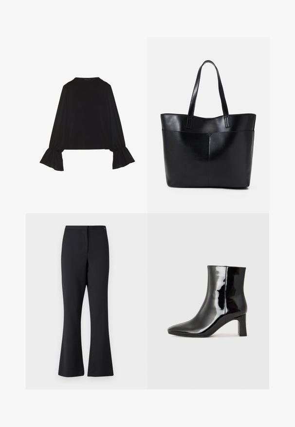 Melna garām piedurknēm krekls ar izplestu aproču, maigu tekstūru un brīvu piegriezumu, ar vienkāršu apaļu dekoltē.; Melni platmalu bikses, izgatavotas no kokvilnas maisījuma auduma, ar gludu tekstūru, jostu un frizētām priekšējām vīlēm.; Melnas patentētas ādas potīšu zābaki ar norādītu pirkstu un vidēja augstuma kvadrātveida papēdi. Gluda tekstūra un minimālisma dizains.; Melnas ādas iepirkumu soma ar divām garām rokturām, gludu tekstūru un strukturētu formu. Iekļauj priekšējo kabatu papildu uzglabāšanai.