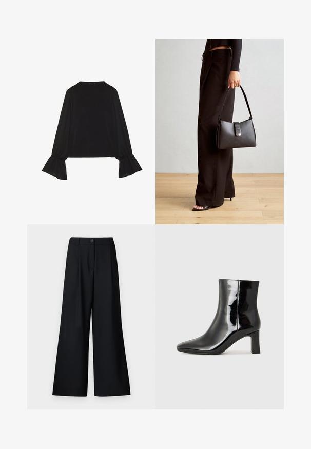 Top noir à manches longues avec des poignets évasés, texture douce et coupe décontractée, doté d'un col rond simple.; Modström GALEMD - Pantalon classique - black; Bottines en cuir verni noir avec un bout pointu et un talon block de hauteur moyenne. Texture lisse et design minimaliste.; Sac à main noir à la forme structurée, texture lisse et fermoir métallique. Associé à un pantalon noir ample et des sandales ouvertes sur un sol en bois.