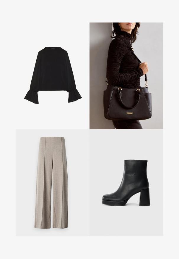 Svart langermet topp med utsvingte mansjetter, myk tekstur og avslappet passform, med enkel rund hals.; Beige vide bukser laget av teksturert stoff med et hundetannmønster, med høy midje og pressede folder langs bena.; Sorte skinnankelsko med blokkhæl og plattformsåle, sett fra siden på en enkel hvit bakgrunn.; Svart håndveske med teksturert overflate, doble topphåndtak og justerbar skulderrem. Har detaljer i gulltone og sidelommer.
