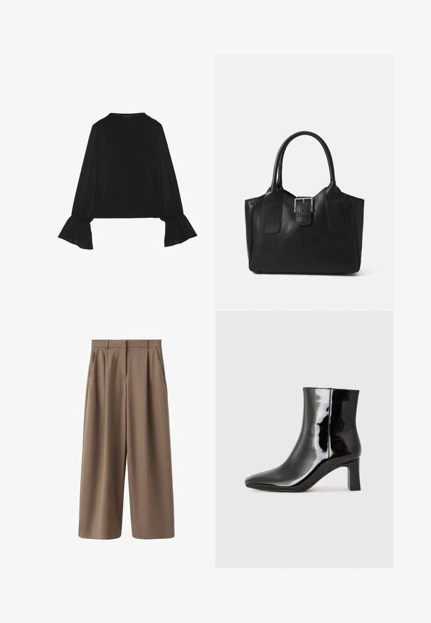 Top negru cu mânecă lungă, cu mansete evazate, textură moale și croială lejeră, având un guler rotund simplu.; Pantaloni maro cu picioare lejere, cu o textură netedă, pliuri frontale și talie înaltă. Prezentă un design croit și buzunare laterale.; Botine negre din piele lacuită, cu vârful ascuțit și toc bloc de înălțime medie. Textură netedă și design minimalist.; Geantă tote din piele neagră cu textură netedă, formă structurată, două mânere și un detaliu proeminent din aliaj de argint pe partea din față.
