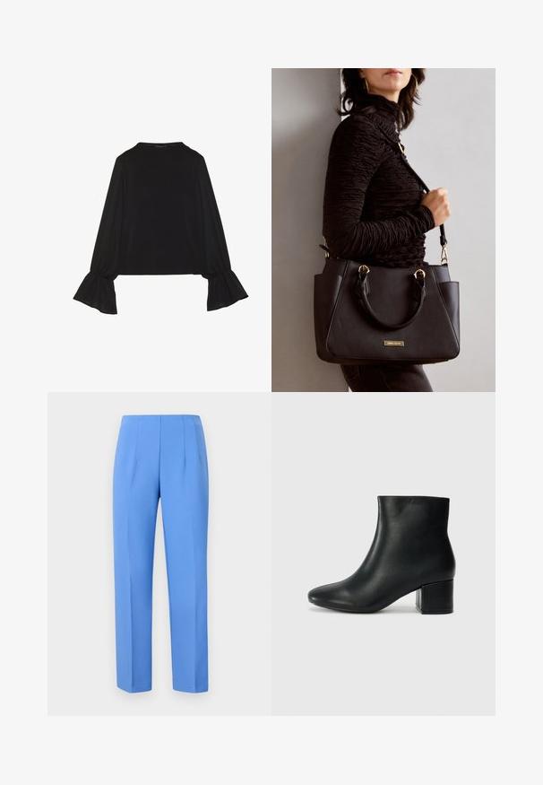 Crna majica dugih rukava s proširenim manžetama, mekanim materijalom i opuštenim krojem, s jednostavnim okruglim izrezom.; Plave krojene hlače od glatkog materijala sa bočnim nabora, s ravnim krojem i čistim pojasom. Nema vidivih metalnih dijelova ili uzoraka.; Crne kožne čizme do članaka s uskim vrhom i debelim potplatom. Glatka tekstura s minimalnim detaljima i elegantan, prilagođen dizajn.; Crna torba s teksturiranom površinom, dvostrukim gornjim ručkama i podesivom remenom za rame. Ima zlatne metalne detalje i bočne džepove.