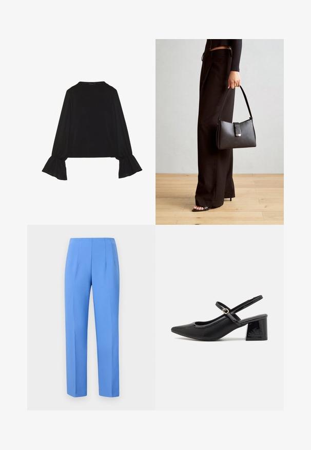 Crna majica dugih rukava s proširenim manžetama, mekanim materijalom i opuštenim krojem, s jednostavnim okruglim izrezom.; Plave krojene hlače od glatkog materijala sa bočnim nabora, s ravnim krojem i čistim pojasom. Nema vidivih metalnih dijelova ili uzoraka.; Crne lakirane slingback visoke potpetice s šiljastim vrhom, zaobljenim izrezom i blok potpeticom. Sadrži akcent zlatnog tona s kopčom.; Crna torba s oblikom koji sadrži strukturu, glađu teksturu i metalnu kopču. Uparena s širokim crnim hlačama i sandalama na otvorenom s drvenog poda.