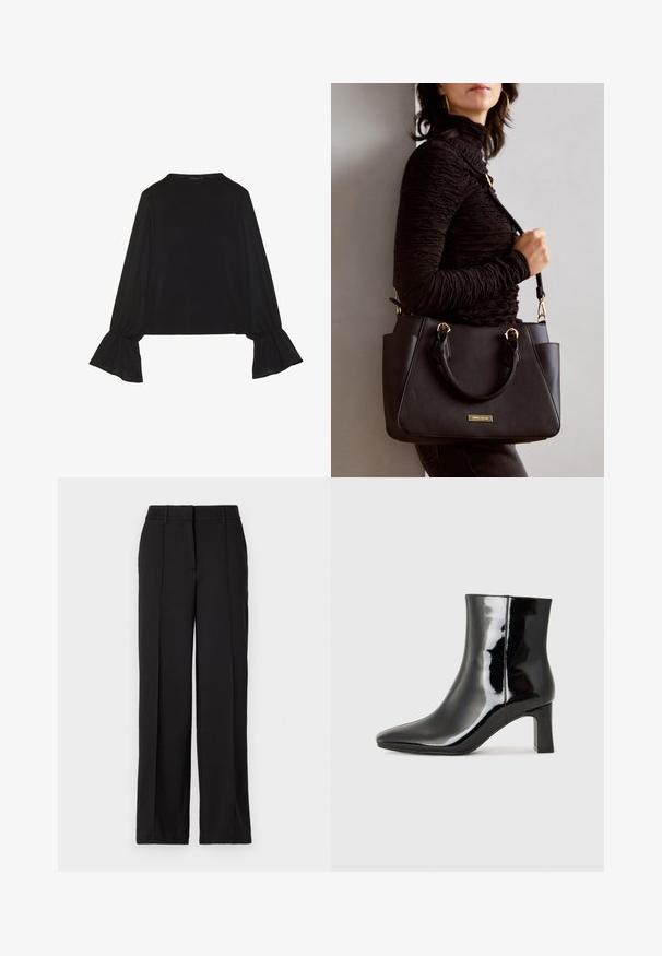 Black long-sleeve top featuring flared cuffs, soft texture, and a relaxed fit, with a simple round neckline.; Black trousers with a straight leg design, featuring two front pleats, a waistband, and no visible pockets or embellishments.; Black patent leather ankle boot with a pointed toe and a mid-height block heel. Smooth texture and minimalist design.; Black handbag with textured surface, dual top handles, and adjustable shoulder strap. Features gold-tone hardware and side pockets.