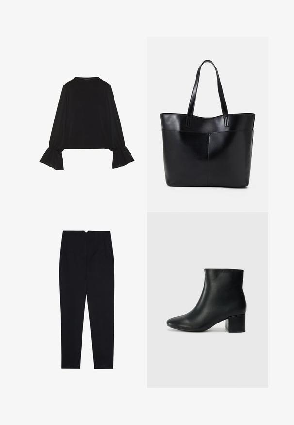 Black long-sleeve top featuring flared cuffs, soft texture, and a relaxed fit, with a simple round neckline.; Black trousers made of a textured fabric, featuring a flat front, side pockets, and a straight-leg cut with a mid-rise waist.; Black leather ankle boots with a pointed toe and a chunky heel. Smooth texture with minimal accents and a sleek, fitted design.; Black leather tote bag with two long handles, a smooth texture, and a structured shape. Features a front pocket for additional storage.