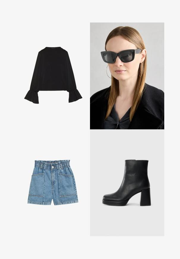 Musta pitkähihainen toppi, jossa on levenevät hihansuut, pehmeä rakenne ja rento fit, yksinkertaisella pyöreällä pääntiellä.; Farkkushortsit, joissa on elastinen vyötärö, vaaleansiniset, neljä taskua ja näkyvä ompelu yksityiskohtana saumoissa.; Musta nahkasaapas nilkkapituisena, jossa on paksu korko ja alustapohja, nähtynä sivulta yksinkertaisella valkoisella taustalla.; Mustan kissakuvioisen aurinkolasit tummilla linsseillä, paksuilla kehyksillä ja hillityillä yksityiskohdilla. Yhdistetty mustaan takkiin ja harmaaseen paitoihin, joissa on pitkät suorat hiukset.