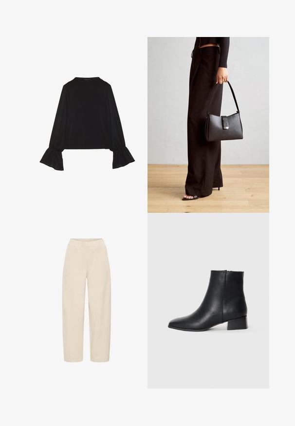 Sort langærmet top med flagrende manchetter, blød tekstur og en afslappet pasform, samt en enkel rund halsudskæring.; Beige vide bukser med elastisk talje. Lavet af blødt, struktureret stof, med en glat overflade og uden yderligere mønstre.; Sorte læder ankelstøvle med spidse tæer og en lav blokhæl, der har en glat tekstur og minimalistisk design.; Sort håndtaske med struktureret form, glat overflade og metalspænde. Sammen med brede sorte bukser og sandaler med åben tå på trægulv.