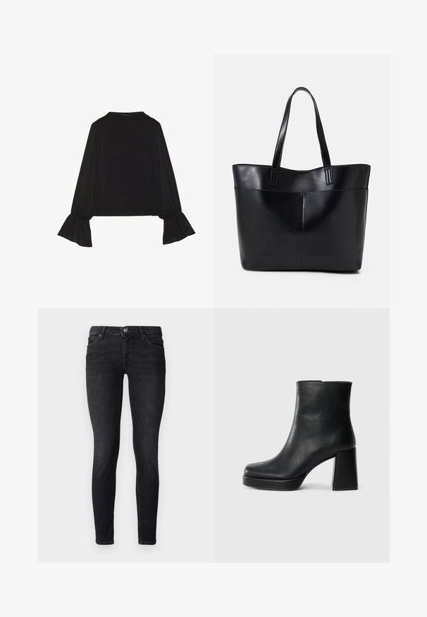 Juoda ilgomis rankovėmis palaidinė su išsiplėtusiais rankogaliais, minkšta tekstūra ir laisva forma, su paprastu apvaliu kaklu.; Juodos džinsinės liesos kelnės su glotnia tekstūra, penkių kišenių dizainu ir sagos uždarymu. Savybėse yra subtilus siuvinėjimas ir minimalus aparatūra.; Juodas odinis kulkšninis botas su bloku ir platformos padu, matomas šoniniu vaizdu ant balto fono.; Juoda odinė rankinė su dviem ilgais diržais, lygiu paviršiumi ir struktūrizuota forma. Yra priekinė kišenė papildomam saugojimui.