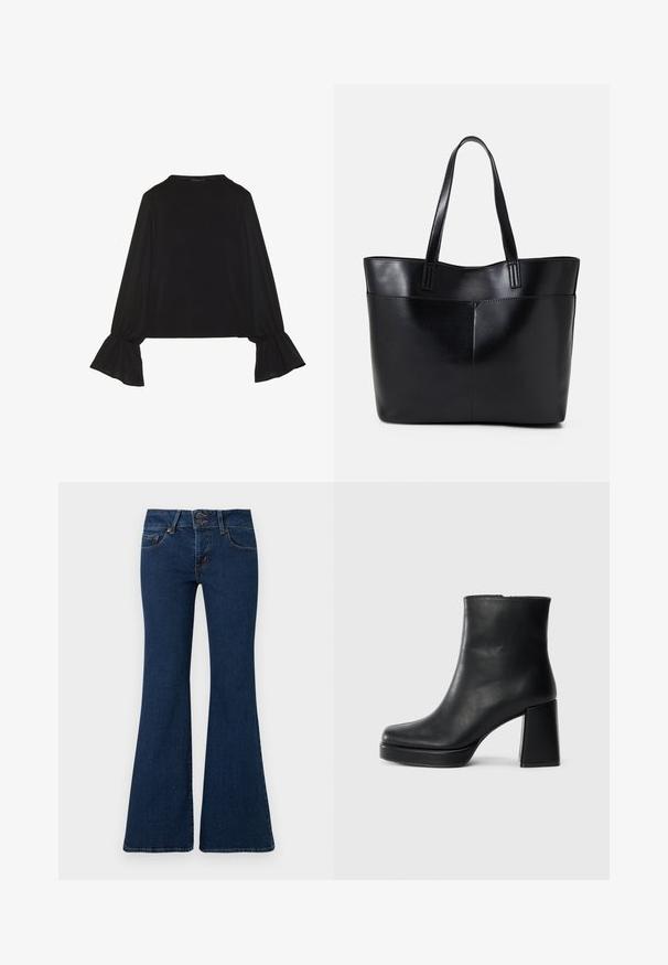 Čierny top s dlhými rukávmi, flitrovanými manžetami, mäkkou textúrou a voľným strihom, s jednoduchým okrúhlym výstrihom.; Tmavomodré rozšírené džínsy vyrobené z denimu, s predným zapínaním na zips a dvojitým gombíkom, prednými vreckami a vyšitými detailmi po stranách.; Čierne kožené členkové topánky s blokovým podpätkom a platformovou podrážkou, zobrazené z boku na bielom pozadí.; Čierna kožená tote taška s dvoma dlhými rúčkami, hladkým povrchom a štruktúrovaným tvarom. Obsahuje prednú kapsu pre dodatočné uskladnenie.