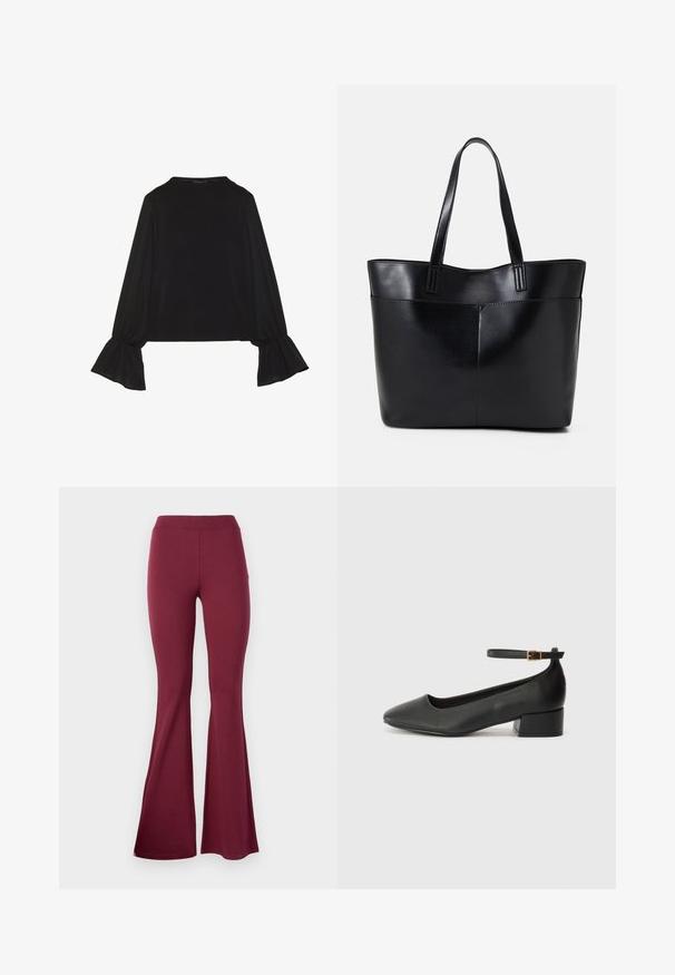 Melna garām piedurknēm krekls ar izplestu aproču, maigu tekstūru un brīvu piegriezumu, ar vienkāršu apaļu dekoltē.; Burgundijas krāsas platas legingas, izgatavotas no elastīga auduma. Tām ir augsta jostasvieta un gluda tekstūra, ar platām apakšmalām, kas nodrošina plašāku piegriezumu. ; Melnas ādas sūkņi ar smailu purngalu un zemu bloku papēdi. Iezīmēts ar potītes siksniņu ar zelta krāsas sprādzi. Gluda tekstūra.; Melnas ādas iepirkumu soma ar divām garām rokturām, gludu tekstūru un strukturētu formu. Iekļauj priekšējo kabatu papildu uzglabāšanai.; Sudraba divu joslu gredzens ar gludu, pulētu virsmu. Iezīmējas ar plūstošu, izliekta dizaina struktūru ar pārklājošām sekcijām modernam izskatam.