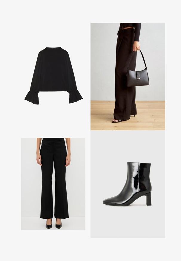 Zwarte langemouwen top met uitlopende manchetten, een zachte textuur en een relaxed fit, met een eenvoudige ronde halslijn.; Zwarte uitlopende broeken met een gladde textuur, een middelhoge taille en een voorkreukdetail. Gecombineerd met zwarte puntige hakken.; Zwarte gepolijste leren enkellaars met een spitse neus en een blokhak van gemiddelde hoogte. Glad textuur en minimalistisch ontwerp.; Zwarte handtas met gestructureerde vorm, gladde textuur en een metalen sluiting. Gecombineerd met brede zwarte broeken en sandalen met open teen op een houten vloer.