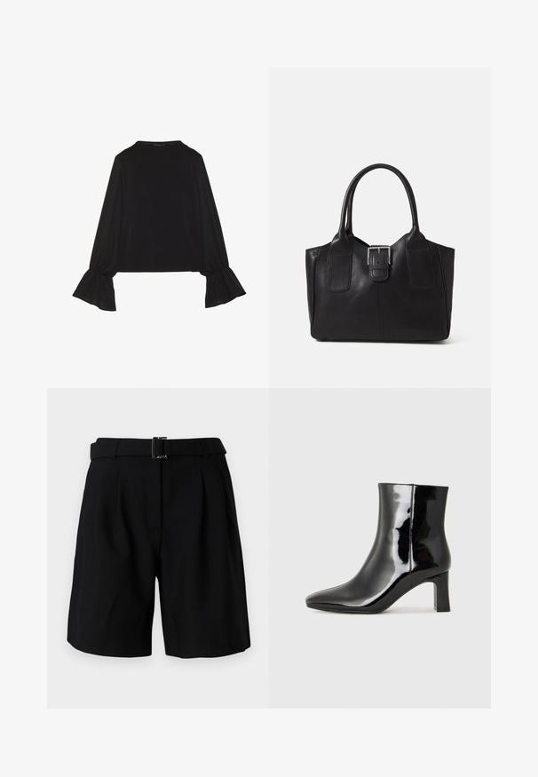Črn dolg rokav vrh z razširjenimi manšetami, mehko teksturo in sproščenim krojem, z preprostim okroglim izrezom.; Črne krojene hlače s gladko teksturo, z gladkim pasom in podrobnostjo iz kovinske zaponke. Strukturalna zasnova in naborki spredaj.; Črne lakirane gležnjarje z ošiljenim nosom in srednje visokim blokastim peto. Gladka tekstura in minimalističen dizajn.; Črna usnjena torba s gladko teksturo, strukturirano obliko, dvema ročkama in izrazitim srebrnim sponko na sprednji strani.