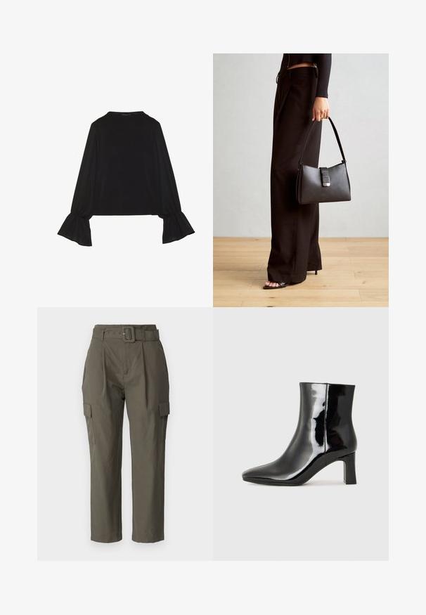 Black long-sleeve top featuring flared cuffs, soft texture, and a relaxed fit, with a simple round neckline.; Cargo pants in olive green, made of lightweight fabric. Features include a belted waist, front pleats, and side pockets with flap closures.; Black patent leather ankle boot with a pointed toe and a mid-height block heel. Smooth texture and minimalist design.; Black handbag with structured shape, smooth texture, and a metallic clasp. Paired with wide black pants and open-toe sandals on wooden floor.