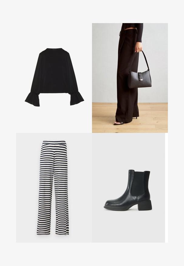 Black long-sleeve top featuring flared cuffs, soft texture, and a relaxed fit, with a simple round neckline.; Wide-leg pants made of knitted fabric, featuring navy and cream horizontal stripes, textured surface, and an elastic waistband.; Black leather ankle boot with elastic side panels, rounded toe, and a low block heel. The surface has a smooth texture and minimal detailing.; Black handbag with structured shape, smooth texture, and a metallic clasp. Paired with wide black pants and open-toe sandals on wooden floor.