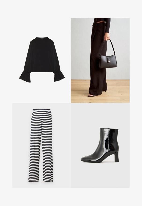Top noir à manches longues avec des poignets évasés, texture douce et coupe décontractée, doté d'un col rond simple.; Pantalons larges en tissu tricoté, avec des rayures horizontales bleu marine et crème, une surface texturée et une taille élastique.; Bottines en cuir verni noir avec un bout pointu et un talon block de hauteur moyenne. Texture lisse et design minimaliste.; Sac à main noir à la forme structurée, texture lisse et fermoir métallique. Associé à un pantalon noir ample et des sandales ouvertes sur un sol en bois.