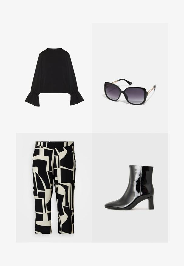 Top negru cu mânecă lungă, cu mansete evazate, textură moale și croială lejeră, având un guler rotund simplu.; Pantaloni scurți cu un model abstract în nuanțe de negru și crem, cu o textură netedă și un talie elastică, având forme geometrice în întreaga lor compunere.; Botine negre din piele lacuită, cu vârful ascuțit și toc bloc de înălțime medie. Textură netedă și design minimalist.; Ochelari de soare negri, supradimensionați, cu lentile degradate, rame groase și detalii cu lanț de ton auriu pe brațele templului.; Geantă de umăr neagră cu suprafață texturată, cu două mânere superioare și curea de umăr ajustabilă. Dispune de accesorii metalice de culoare aurie și buzunare laterale.