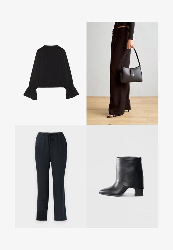 Melna garām piedurknēm krekls ar izplestu aproču, maigu tekstūru un brīvu piegriezumu, ar vienkāršu apaļu dekoltē.; Melnas, brīvi pieguļošas bikses ar elastīgu jostu un auklu. Izgatavotas no viegla auduma, ar gludu tekstūru un taisnām kājām.; Melnas ādas potītes zābaki ar norādītu purngalu, gludu tekstūru un strukturētu blokveida papēdi. Iezīmē augstu, salocītu apkakles dizainu.; Melnā somiņa ar strukturētu formu, gludu tekstūru un metālu sprādzi. Saskaņota ar platām melnām biksēm un sandālēm ar atvērtu purngalu uz koka grīdas.